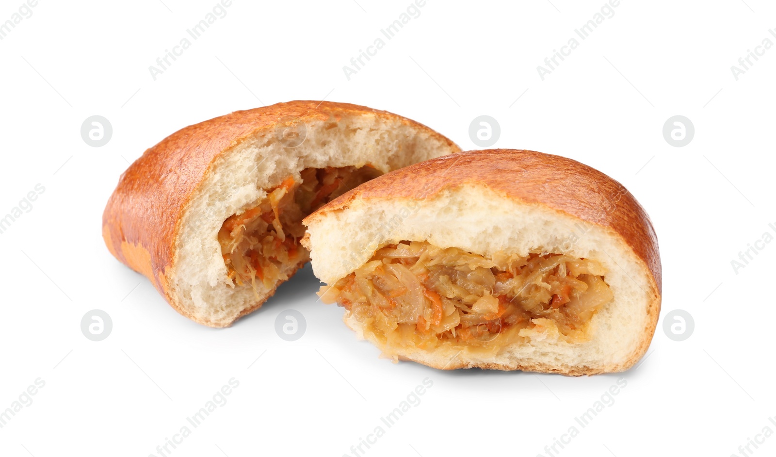 Photo of Delicious baked patty with cabbage on white background