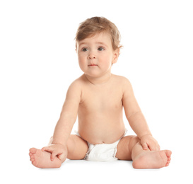 Photo of Cute little baby in diaper on white background