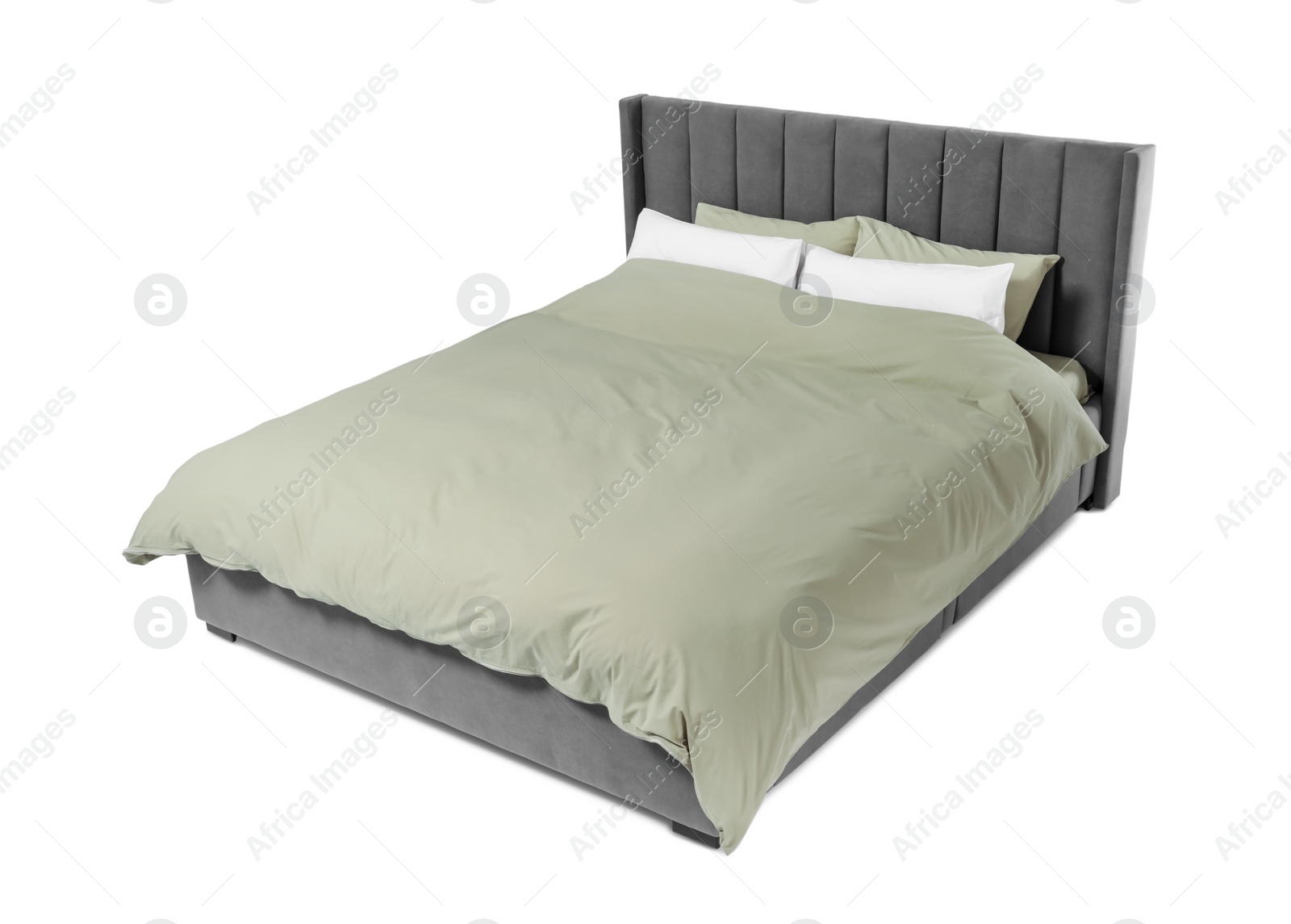 Photo of Comfortable gray bed with linens on white background