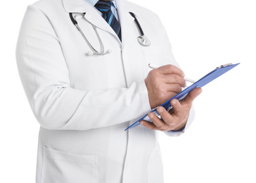 Senior doctor with clipboard on white background, closeup