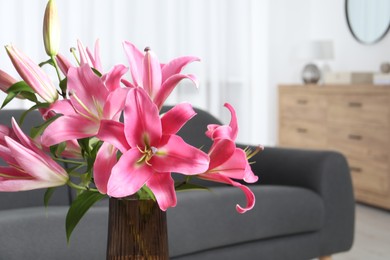 Photo of Beautiful pink lily flowers in vase at home, closeup. Space for text