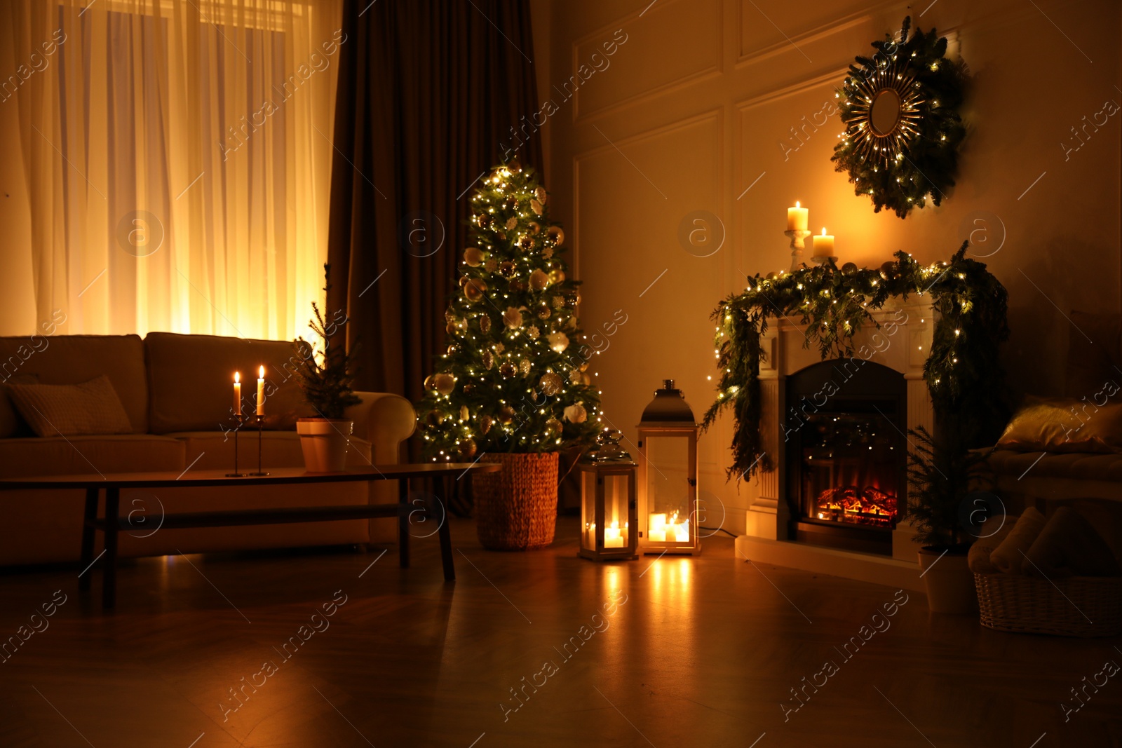 Photo of Beautiful room interior with fireplace and Christmas decor in evening