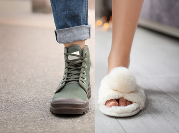 Image of Woman in different shoes, closeup. Concept of balance between work and life 