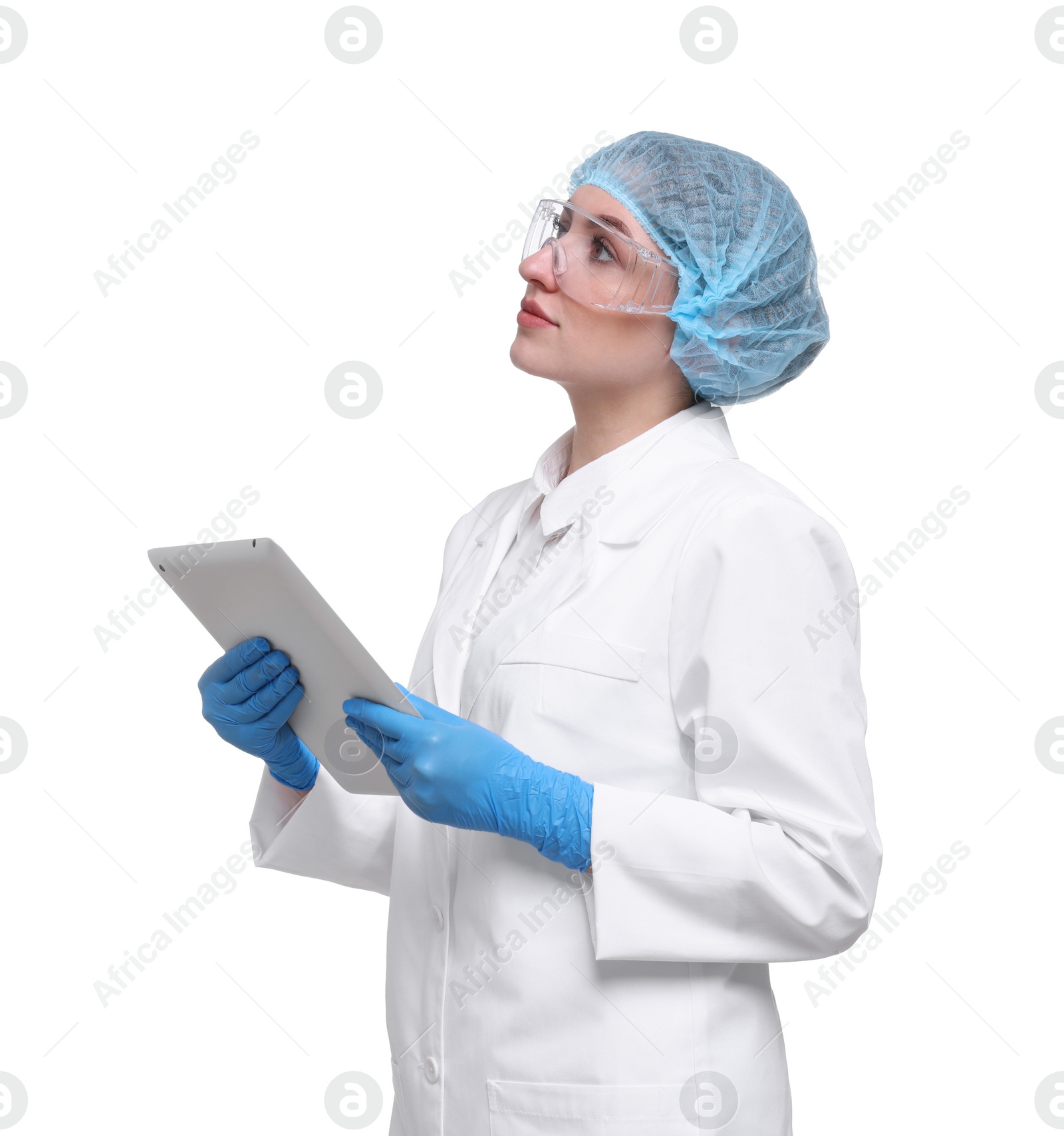 Photo of Quality control. Food inspector with tablet on white background