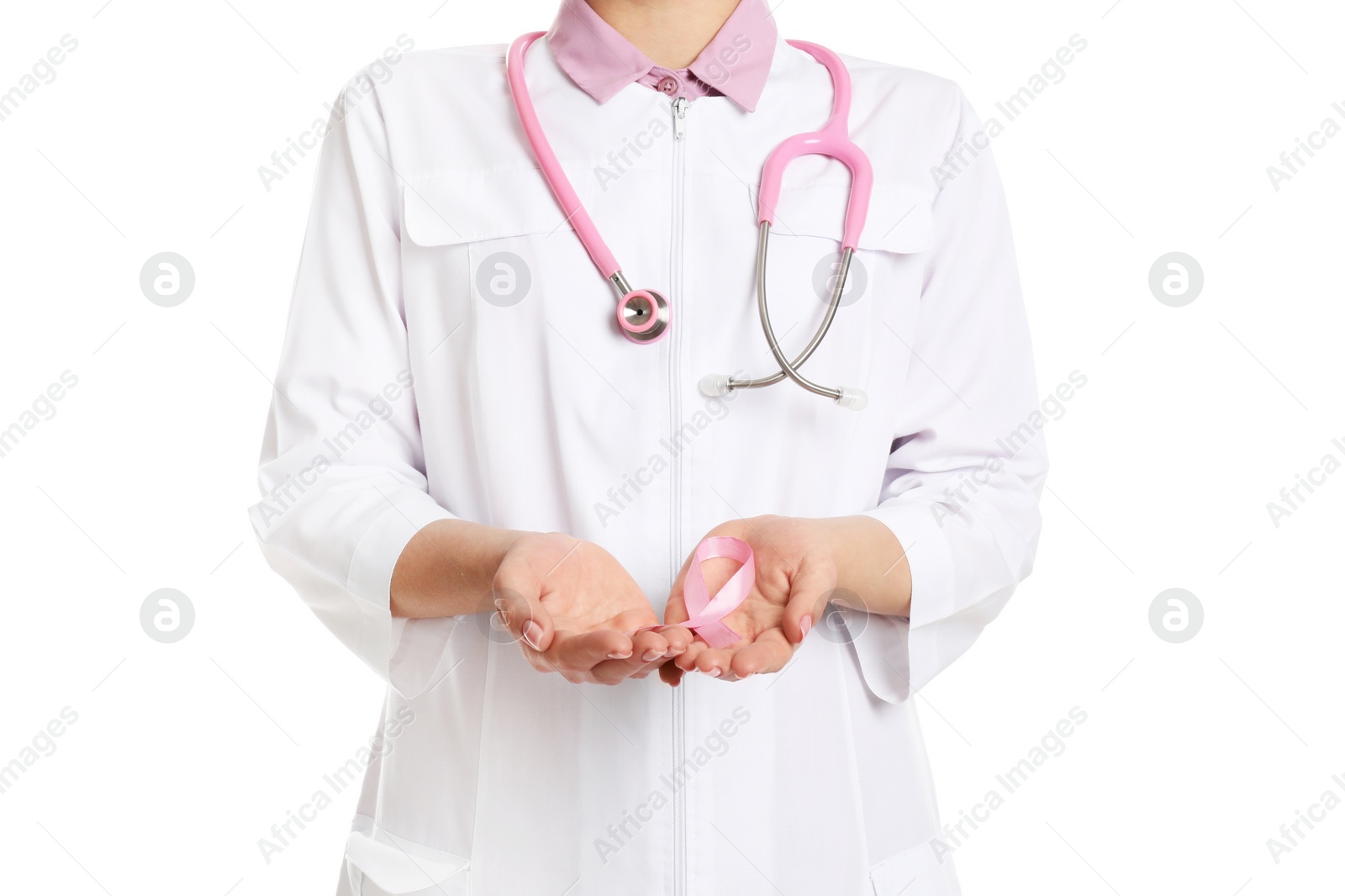 Photo of Doctor with pink ribbon and stethoscope on white background, closeup. Breast cancer awareness