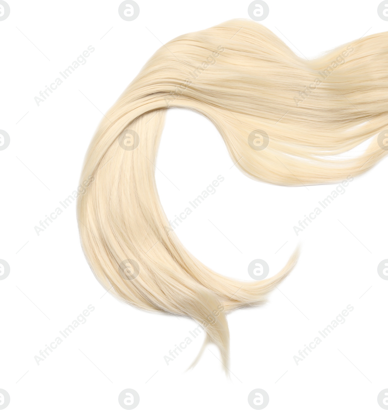 Photo of Lock of beautiful blonde straight hair isolated on white, top view