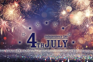 4th of July - Independence Day of USA. Festive background with fireworks and glitters, bokeh effect