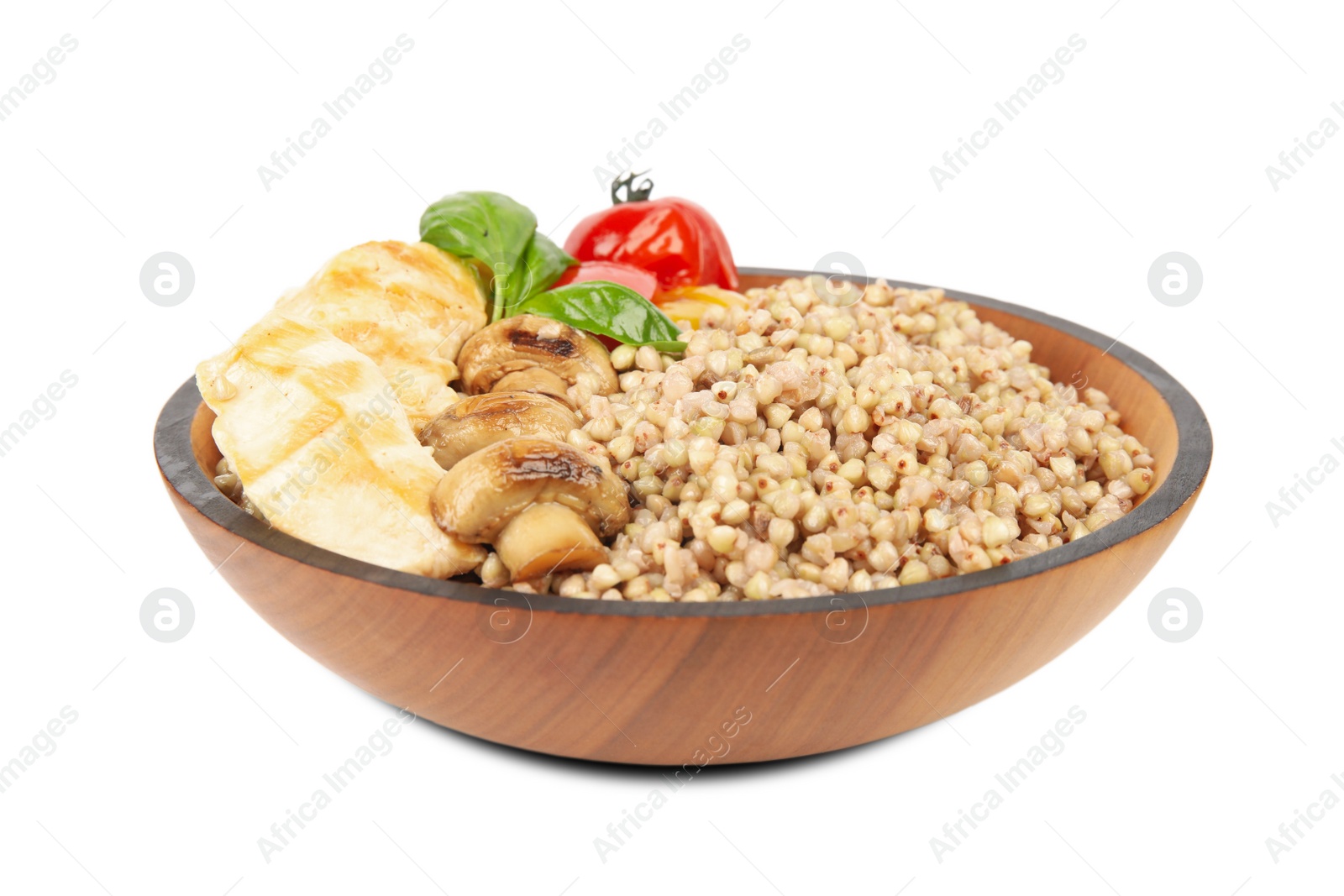 Photo of Tasty buckwheat porridge with meat and mushrooms isolated on white