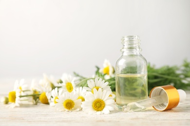 Bottle of chamomile essential oil and flowers on white table, space for text