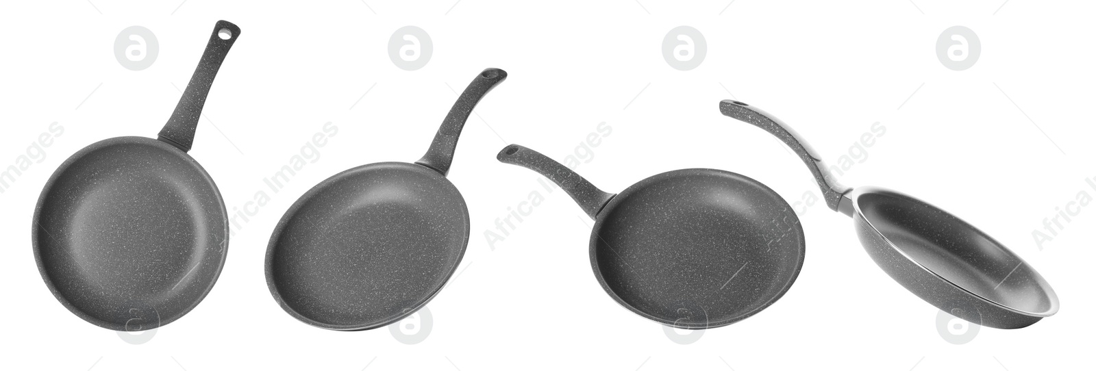 Image of Set with new frying pans on white background. Banner design