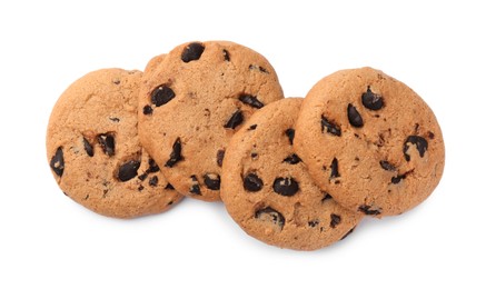 Delicious chocolate chip cookies isolated on white, top view