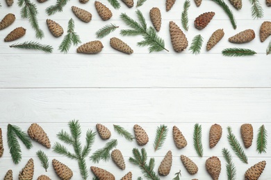 Flat lay composition with pinecones on white wooden background, space for text