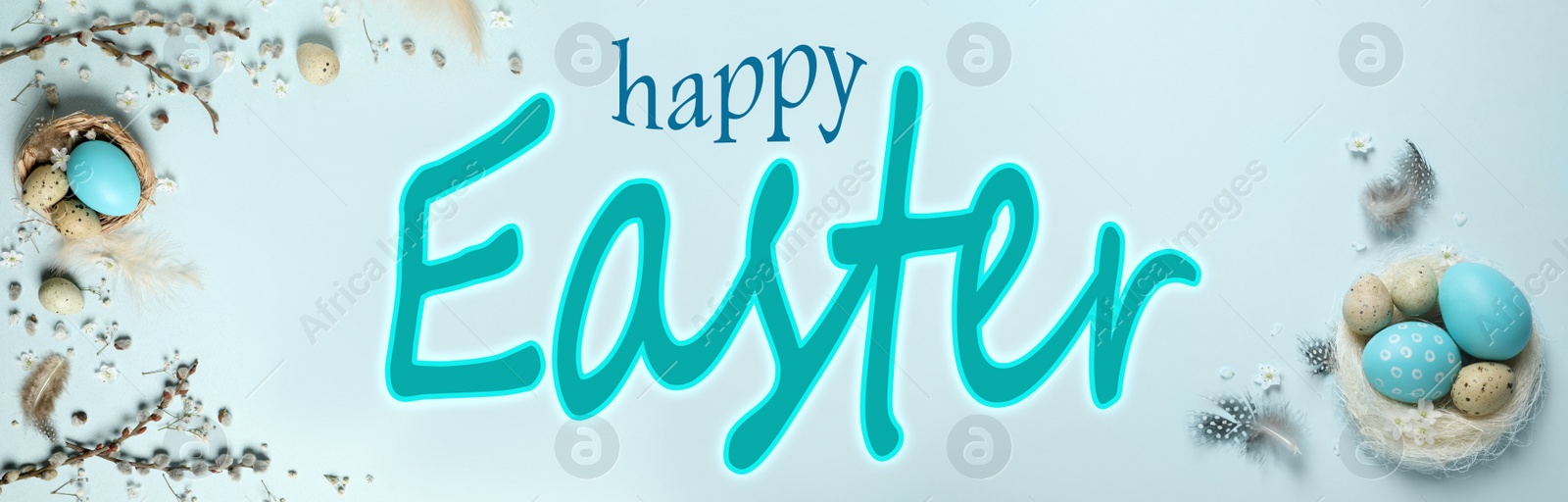 Image of Happy Easter. Flat lay composition with colorful eggs on light blue background
