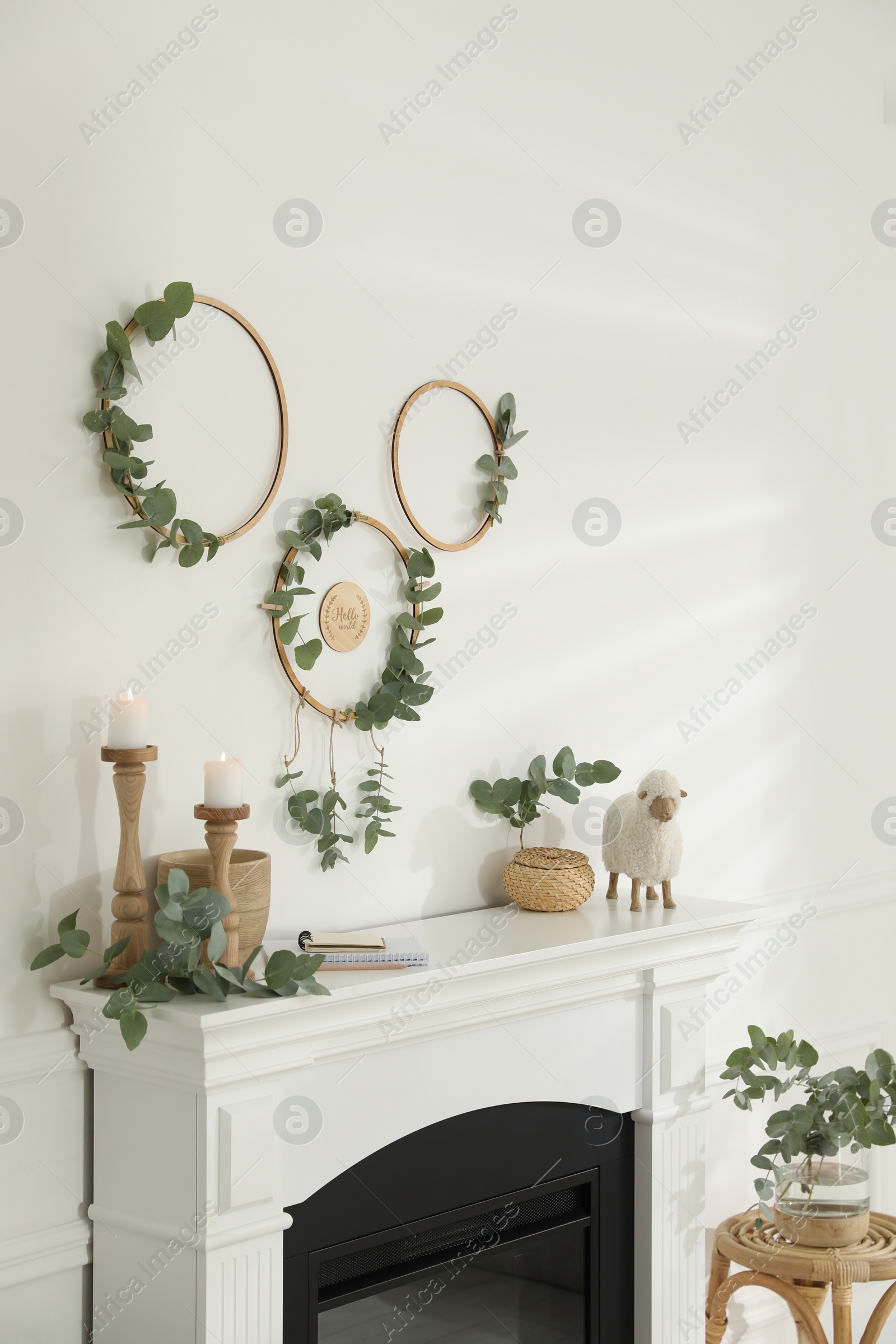 Photo of Stylish room with beautiful fireplace and eucalyptus branches