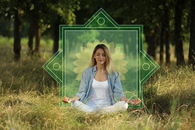 Image of Wellness retreat. Woman meditating in forest on sunny day