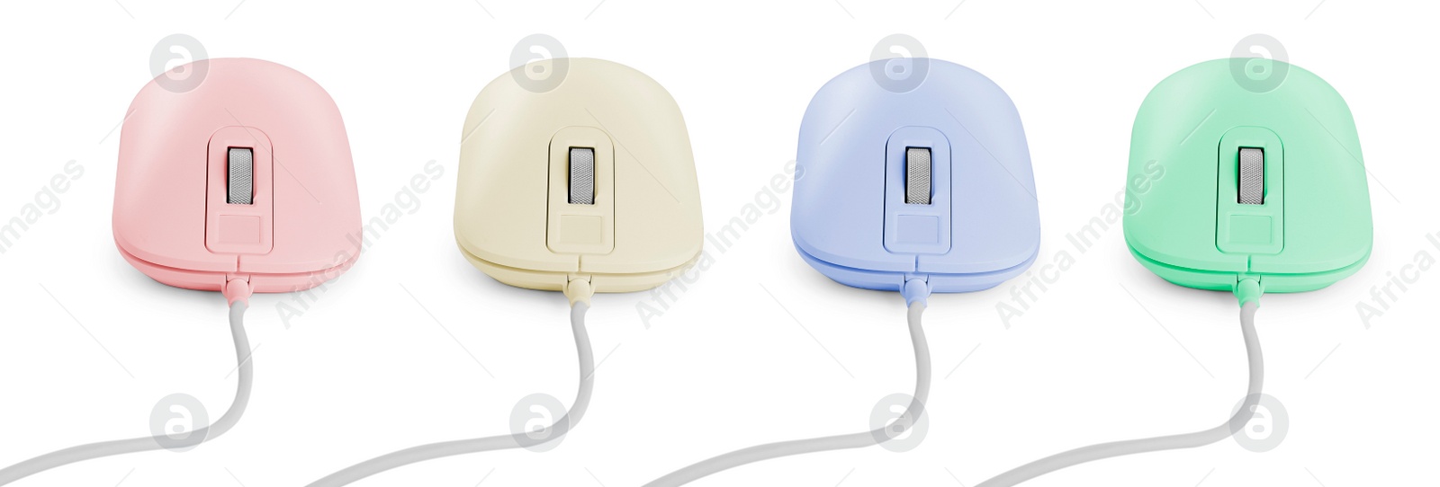 Image of Modern computer mouse on white background, different color variants. Banner design