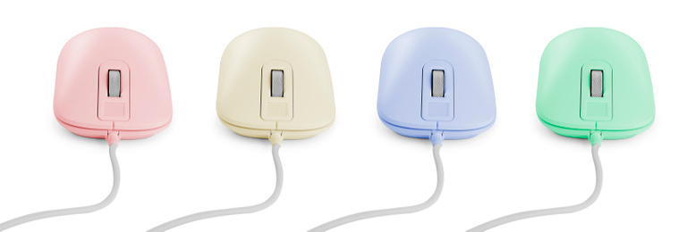 Modern computer mouse on white background, different color variants. Banner design