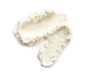 Smears of tasty cream cheese on white background, top view