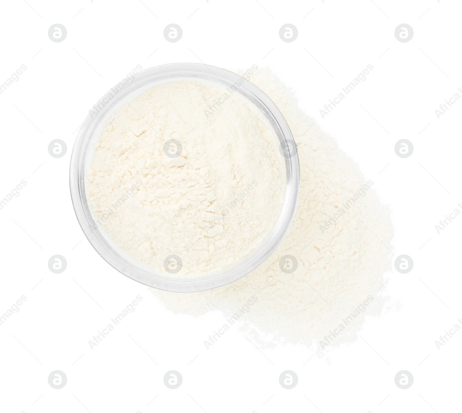 Photo of Baking powder in bowl isolated on white, top view