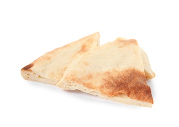 Cut fresh pita bread on white background