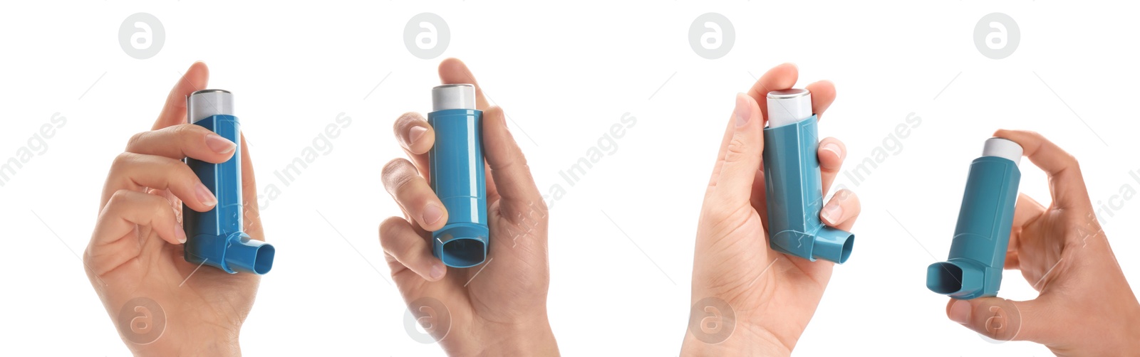 Image of Collage with photos of people holding asthma inhalers on white background, closeup. Banner design