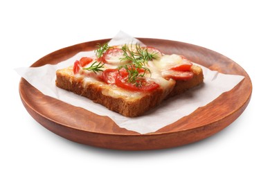 Photo of Tasty pizza toast with cheese, tomato and dill isolated on white