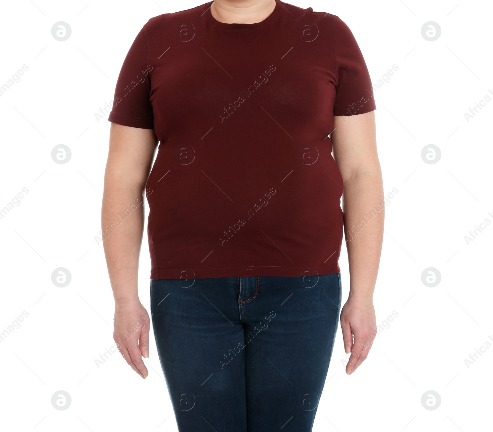 Photo of Overweight woman on white background, closeup. Weight loss