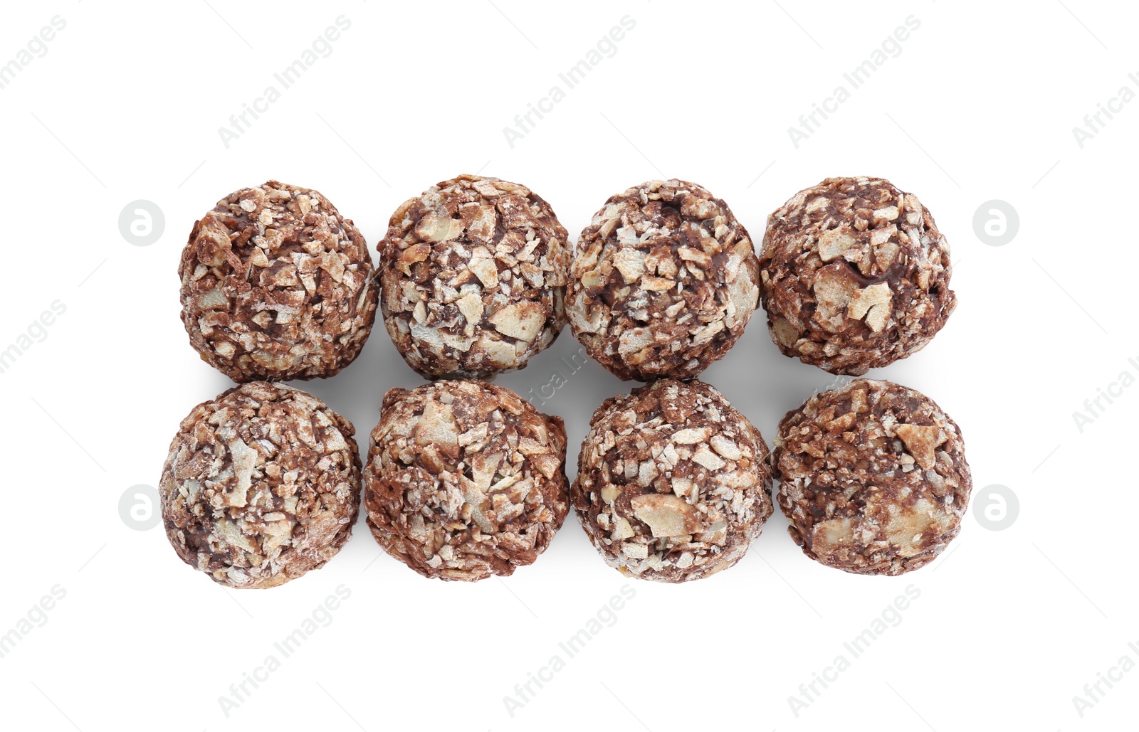 Photo of Tasty sweet chocolate candies isolated on white, top view