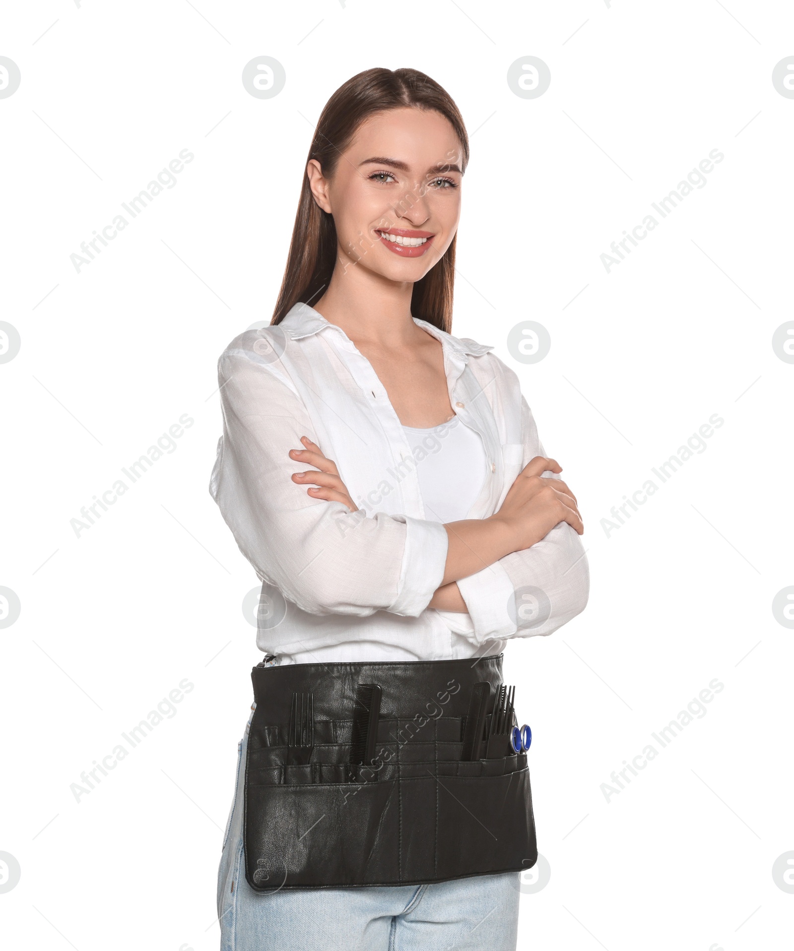 Photo of Portrait of happy hairdresser on white background