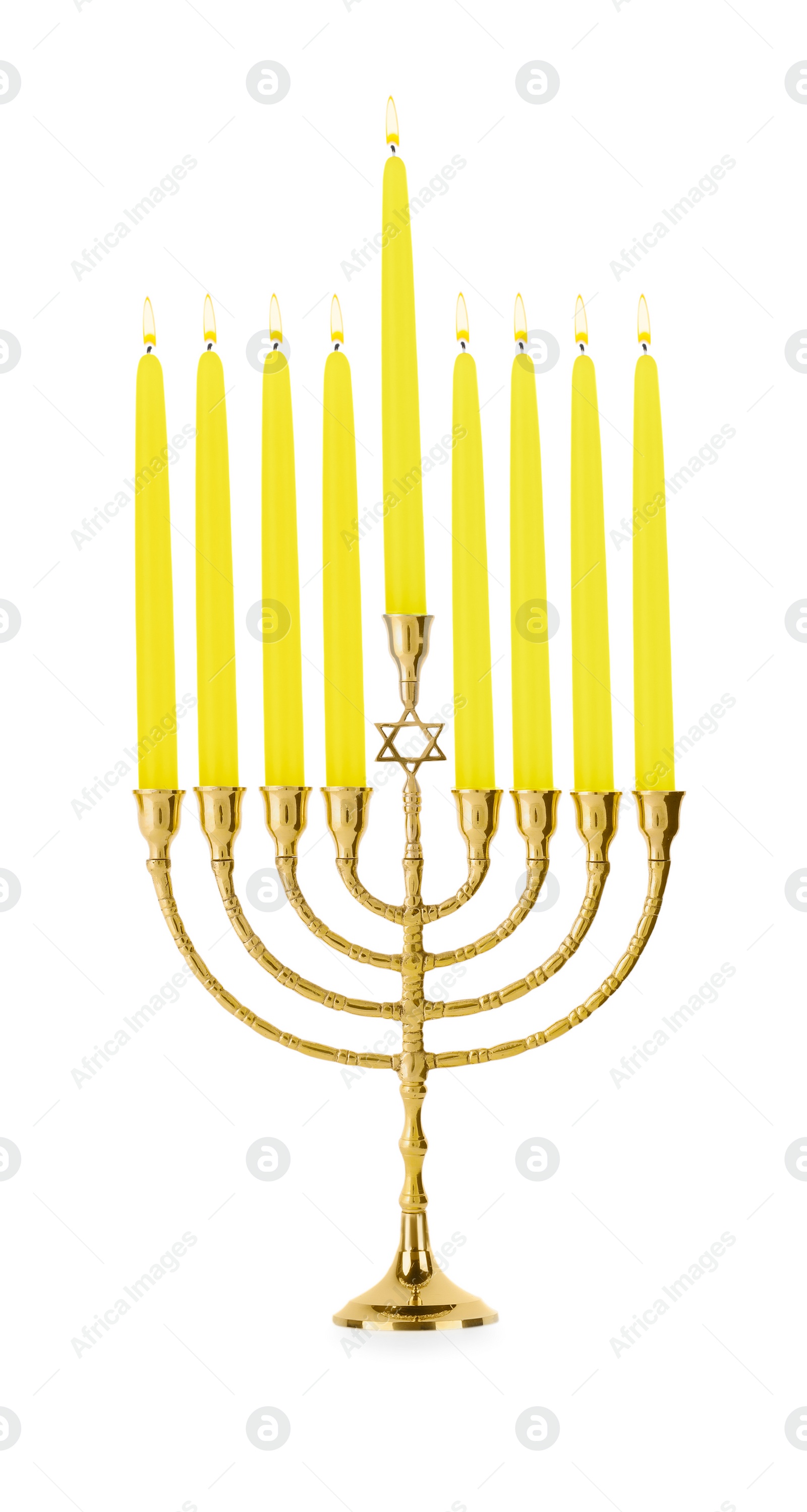 Photo of Hanukkah celebration. Menorah with yellow candles isolated on white