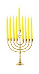 Photo of Hanukkah celebration. Menorah with yellow candles isolated on white