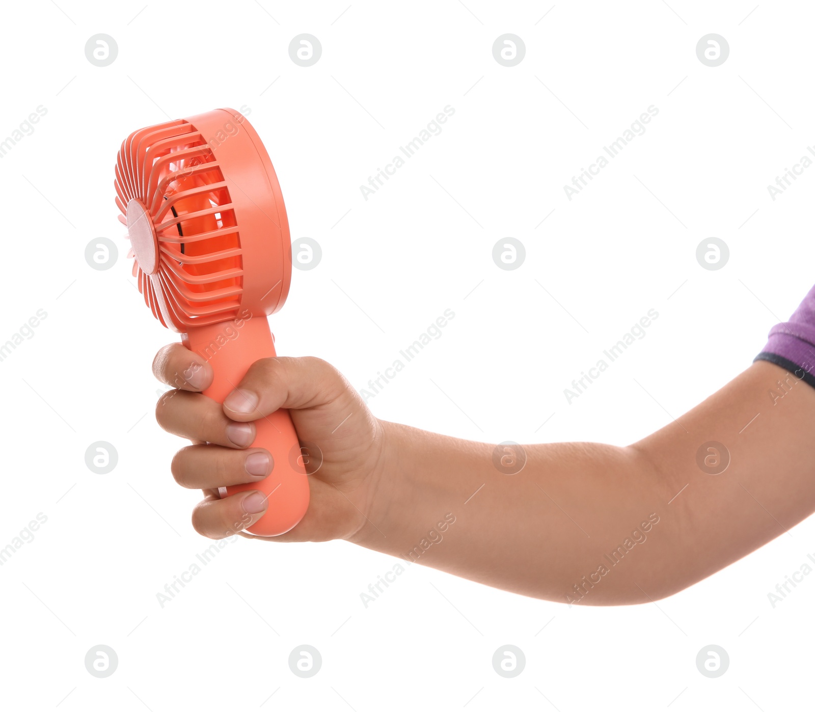 Photo of Little boy with portable fan on white background, closeup. Summer heat