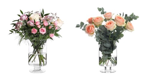 Collage of stylish vase with different bouquets on white background