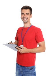 Happy young courier with clipboard on white background