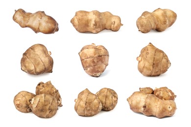 Image of Collage with Jerusalem artichokes on white background