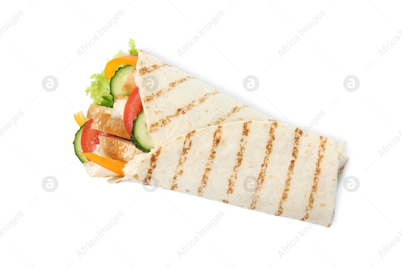 Photo of Tasty shawarma with chicken and vegetables isolated on white, top view