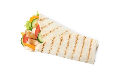 Photo of Tasty shawarma with chicken and vegetables isolated on white, top view