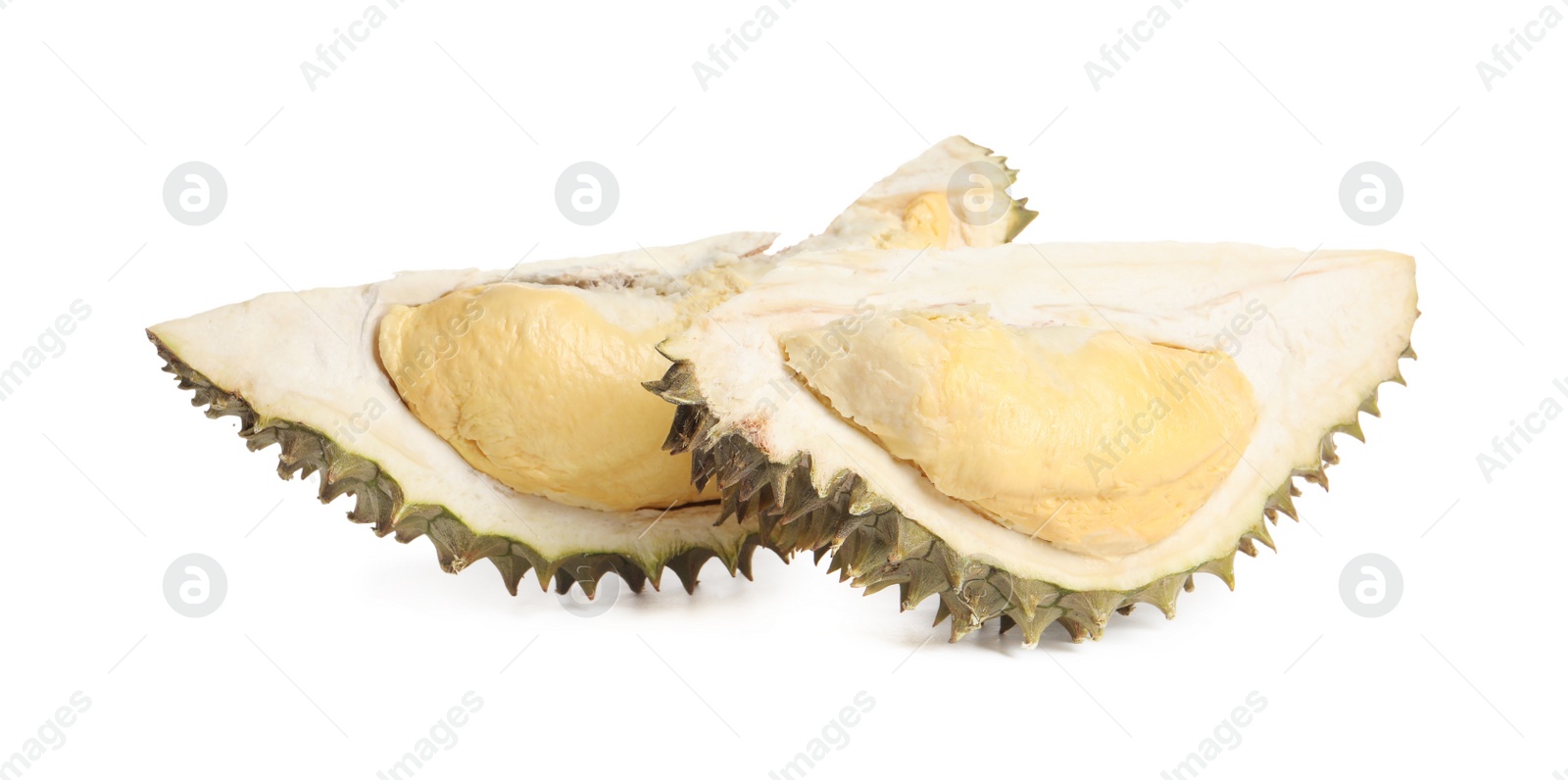 Photo of Cut fresh ripe durian on white background