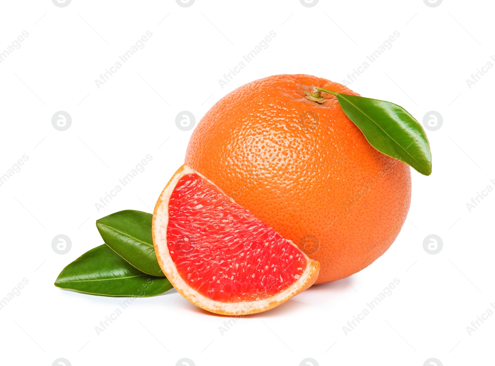 Photo of Whole and cut ripe grapefruits isolated on white