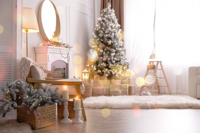 Image of Beautiful room interior with Christmas tree and fireplace