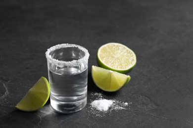 Photo of Mexican Tequila shot, lime slices and salt on grey table