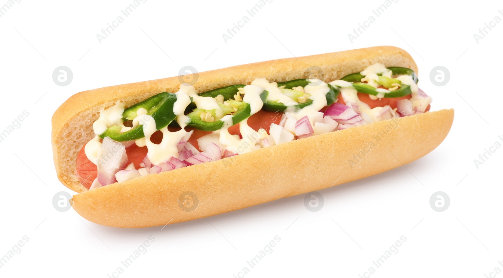 Photo of Delicious hot dog with onion, chili pepper and sauce isolated on white