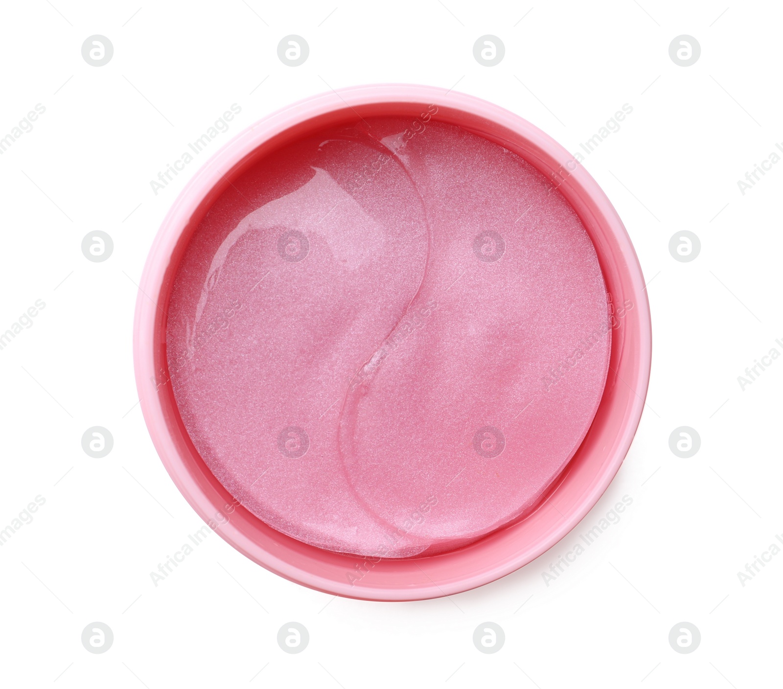 Photo of Under eye patches in jar isolated on white, top view. Cosmetic product