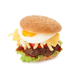 Photo of Tasty burger with fried egg on white background