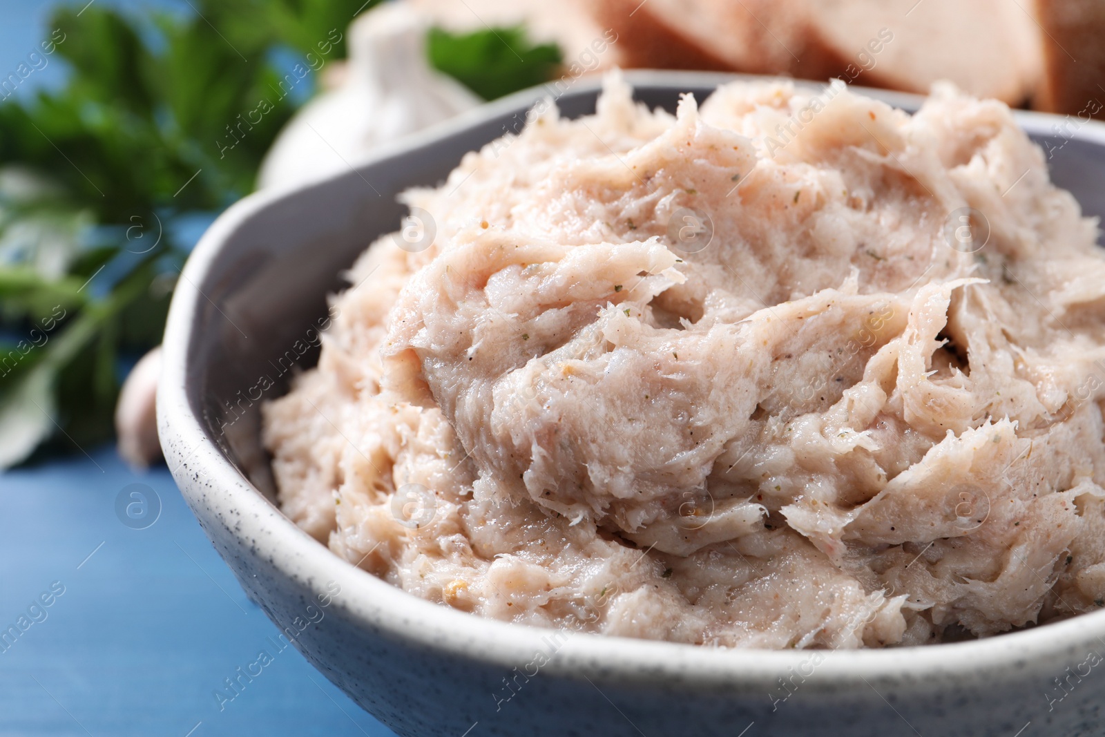 Photo of Delicious lard spread in bowl, closeup view