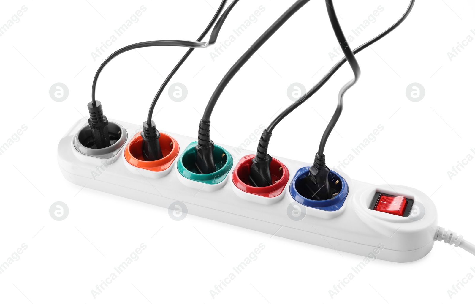 Photo of Power strip on white background. Electrician's equipment