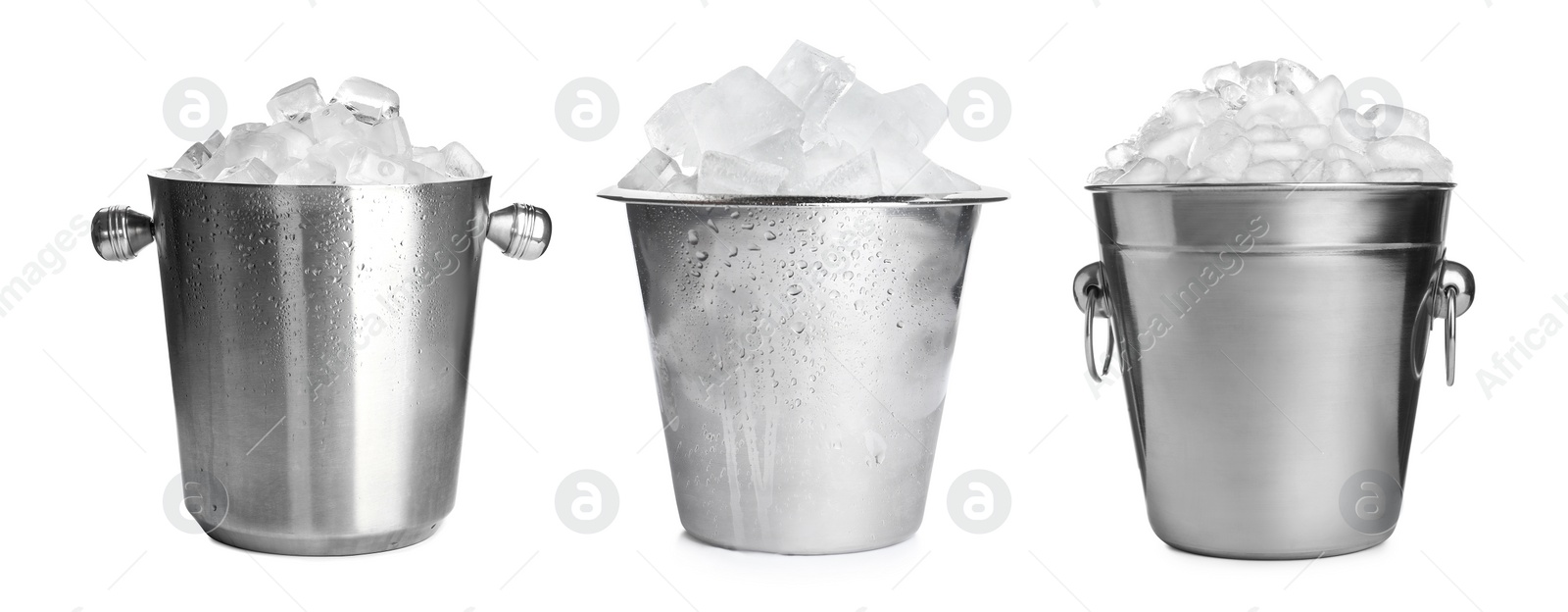 Image of Set of different metal buckets with ice cubes on white background