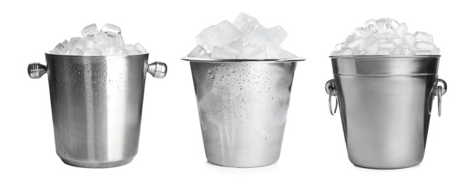 Image of Set of different metal buckets with ice cubes on white background