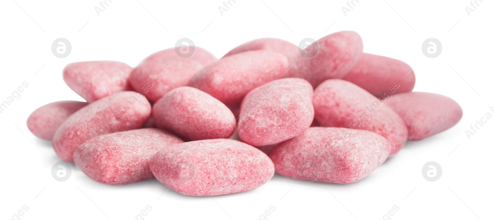 Photo of Heap of tasty sweet chewing gums on white background