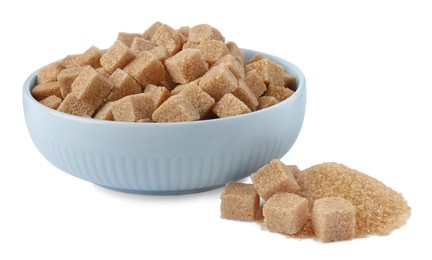 Bowl and brown sugar cubes on white background